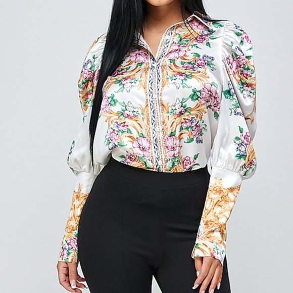 Tops - Women's Floral Balloon Sleeve Shirt Blouse